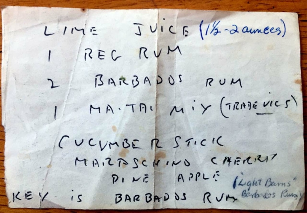 Handwritten note of Trader Vic's Suffering Bastard Recipe 