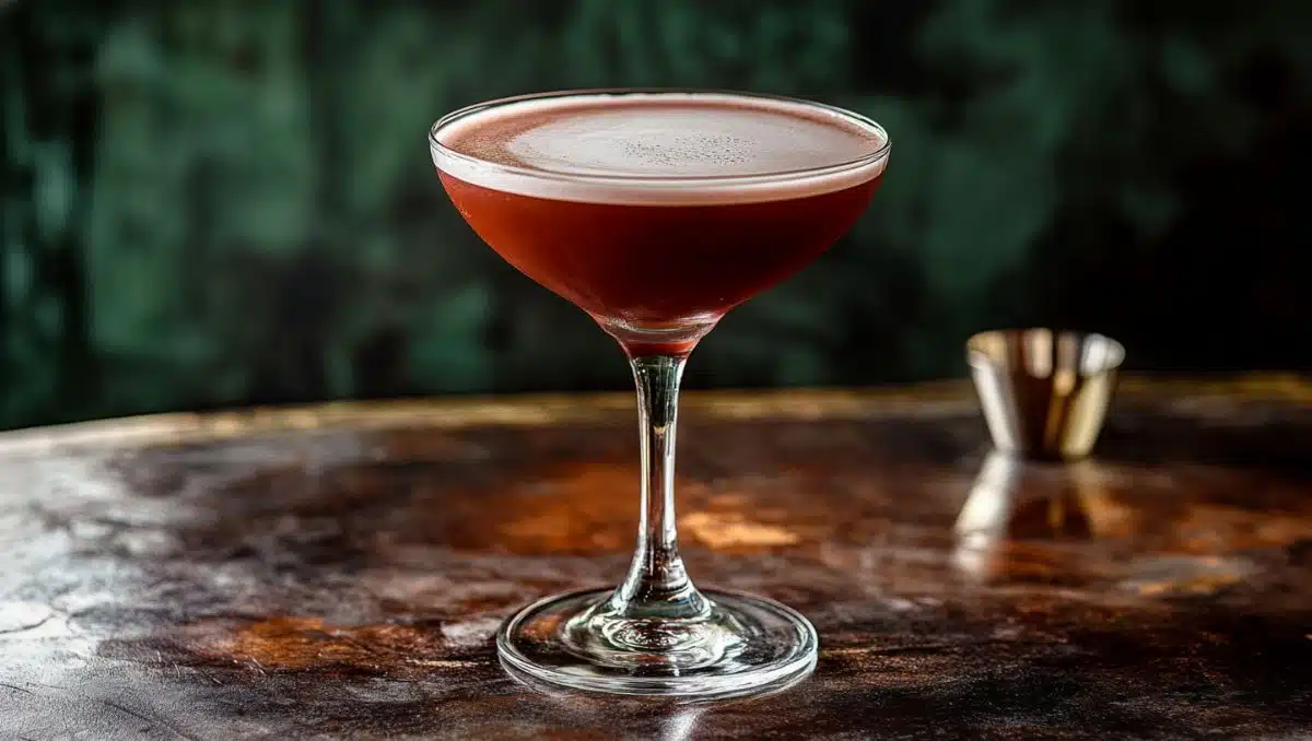 Trinidad Sour cocktail in coupe glass served in bar with green background
