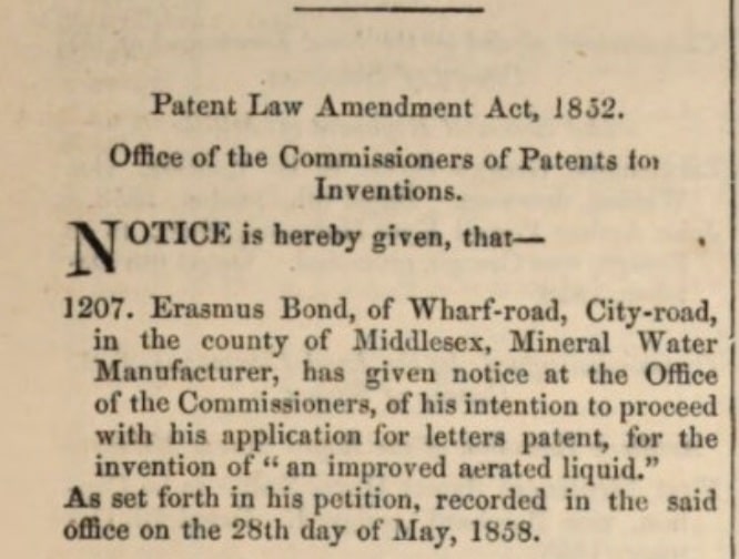 Erasmus bond tonic water patent source from 1858
