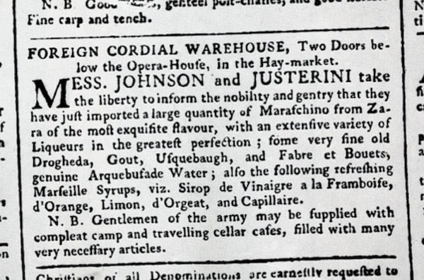 Newspaper announcing arrival of Maraschino in London in 1779