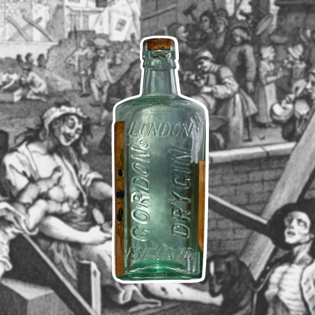 History of Gin - Gin lane and old bottle of Gin