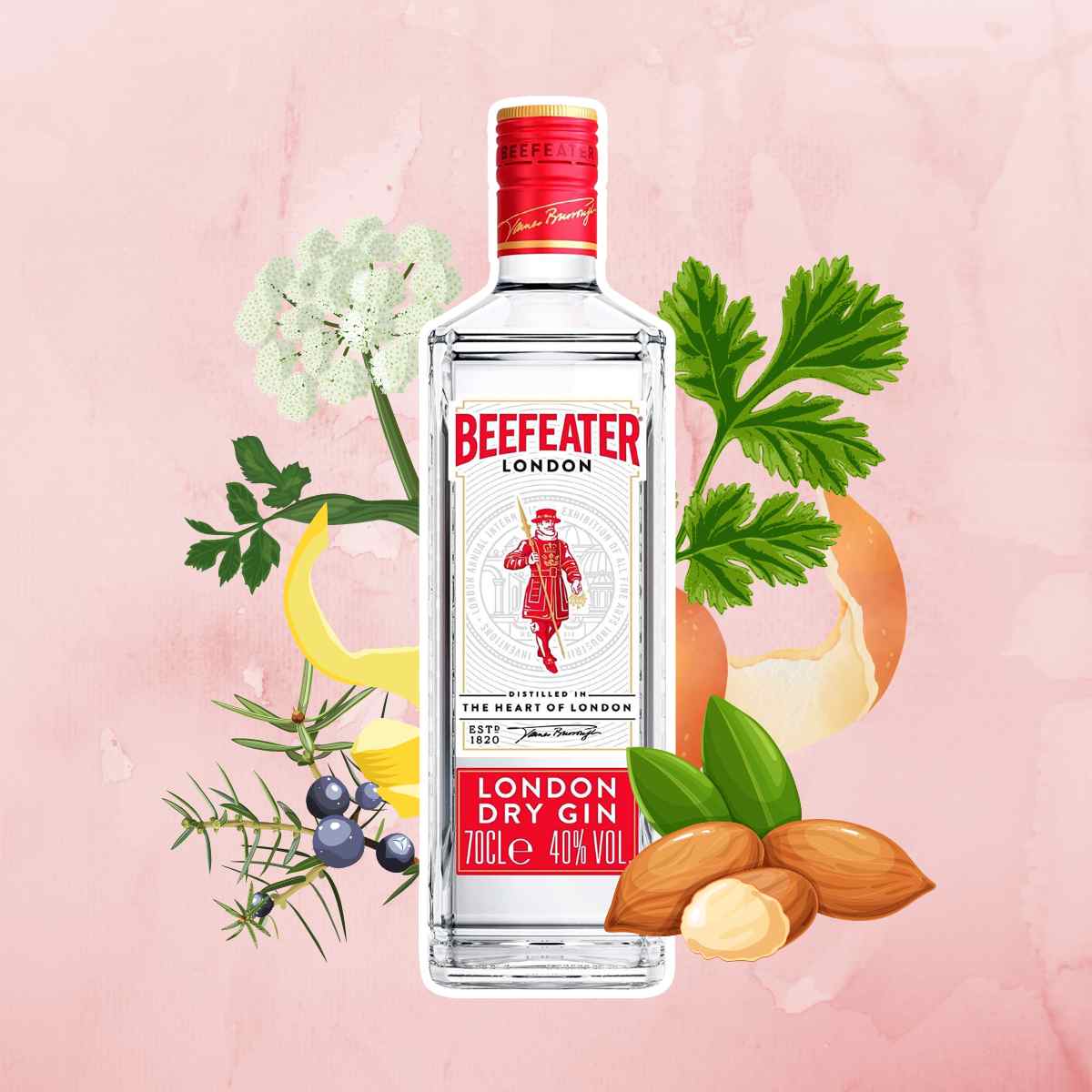 Beefeater London Dry Gin with botanical ingredients in the background