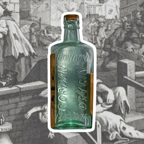 History of Gin - Gin lane and old bottle of Gin