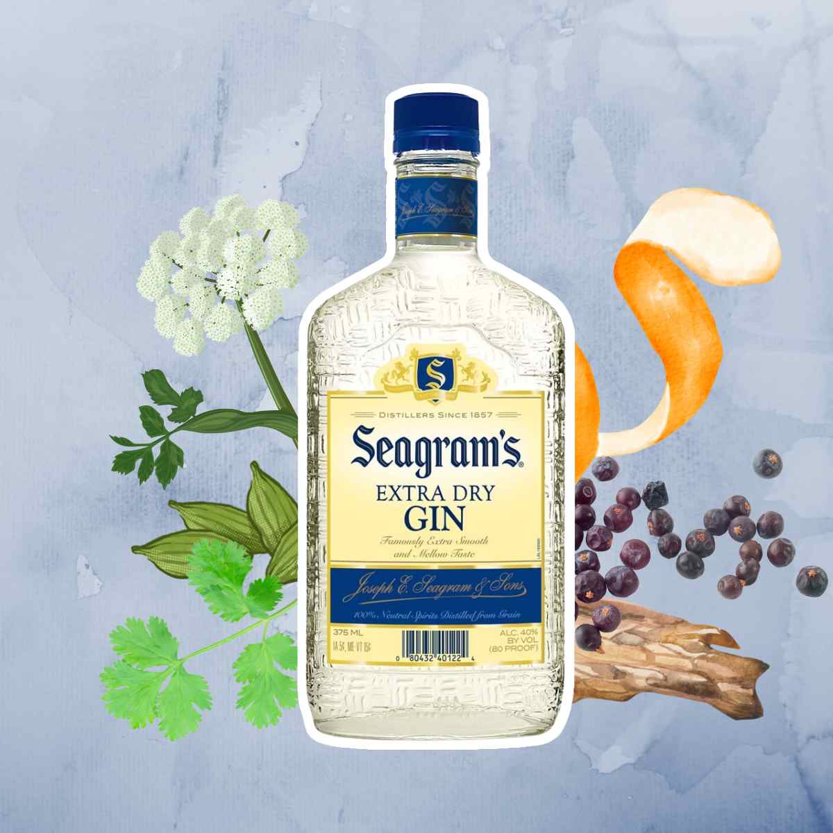 Seagram's Extra Dry Gin with botanicals in the background