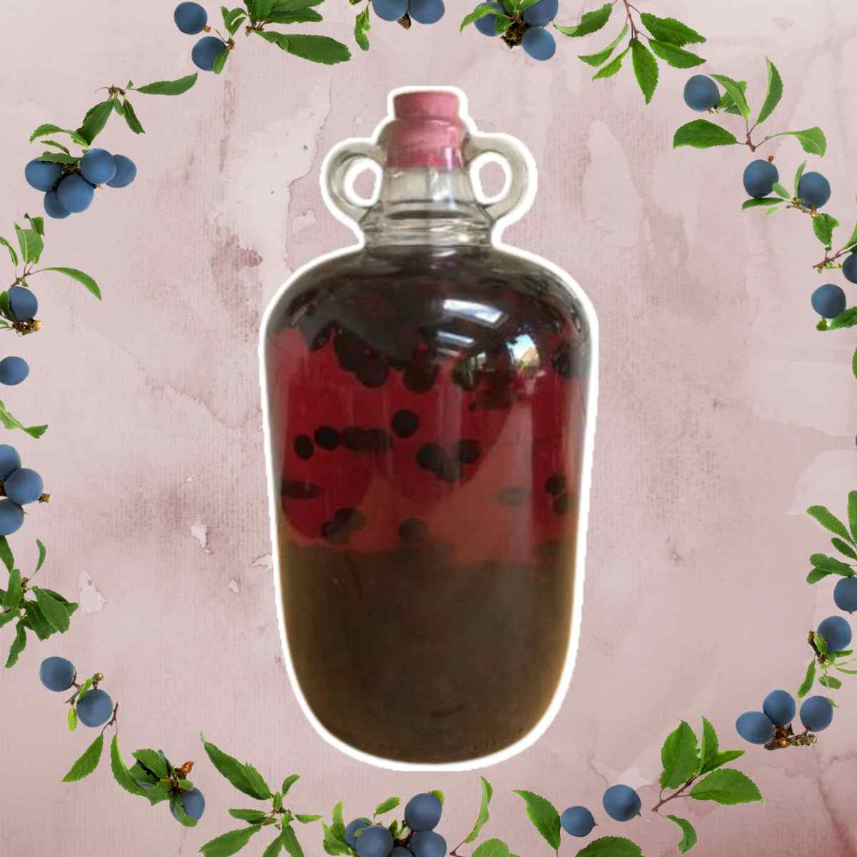 Sloe Gin in jar garnished with sloe berries