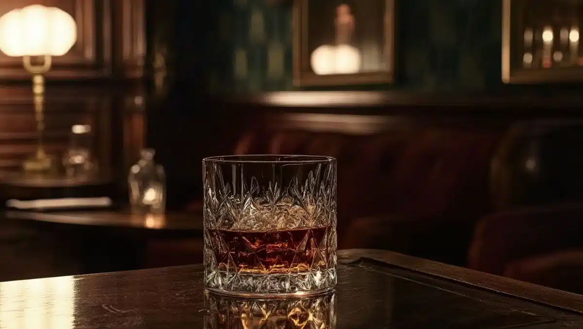 Whiskey glass on table of dark and moody bar