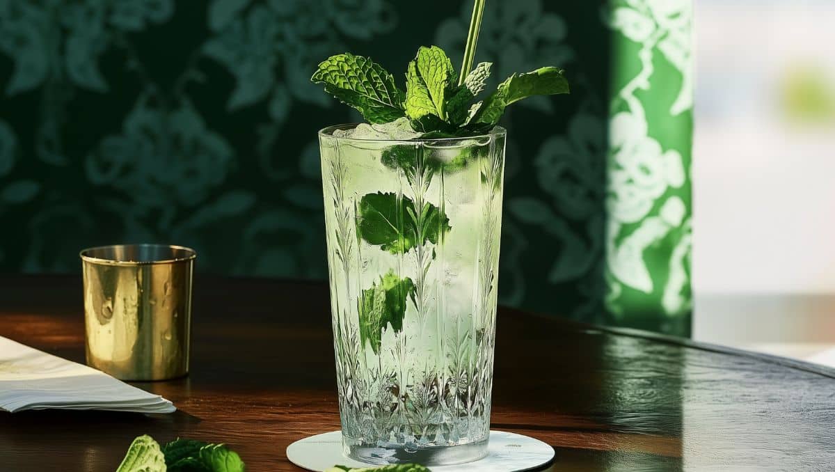 Virgin Mojito Mocktail with fresh mint garnish on wooden table in front of dark green wallpaper