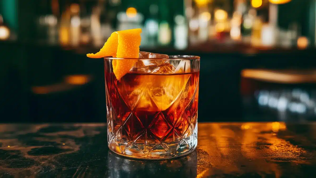 M&M cocktail served in rocks glass and garnished with orange peel