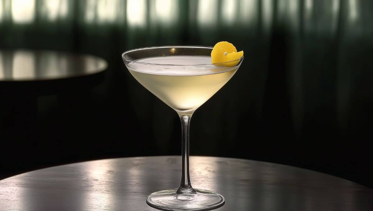 Mex Martini cocktail garnished with lemon peel on dark wooden table