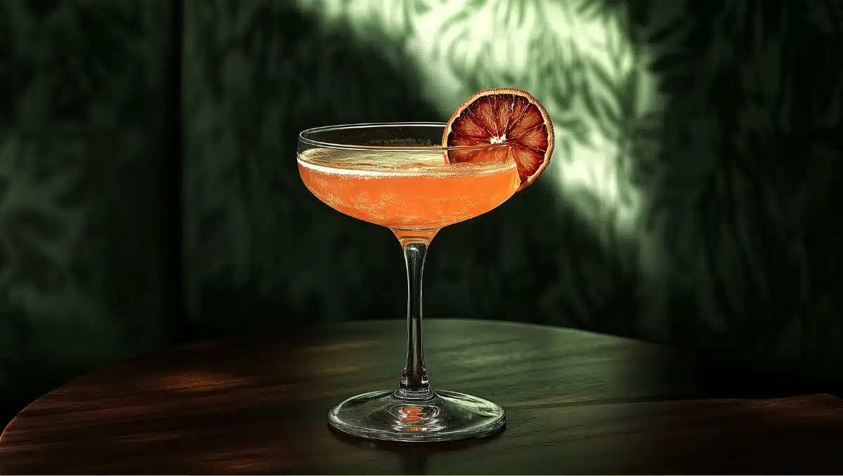 Succulent Blood cocktail garnished with dehydrated blood orange wheel on dark table with green background.