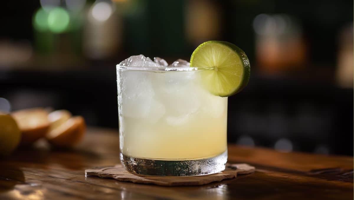 Tommy's Mezcal Margarita garnished with lime wheel on dark wooden table