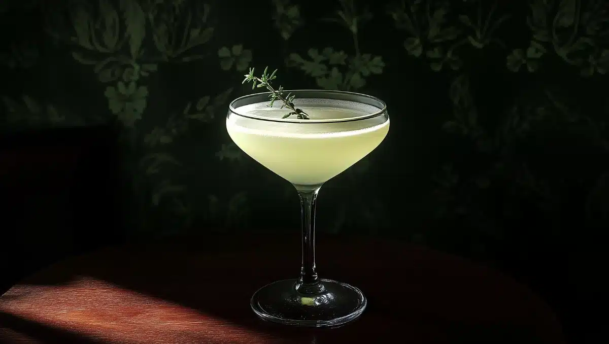Ultima Palabra cocktail with thyme sprig garnish on dark wooden table in front of dark green wallpaper