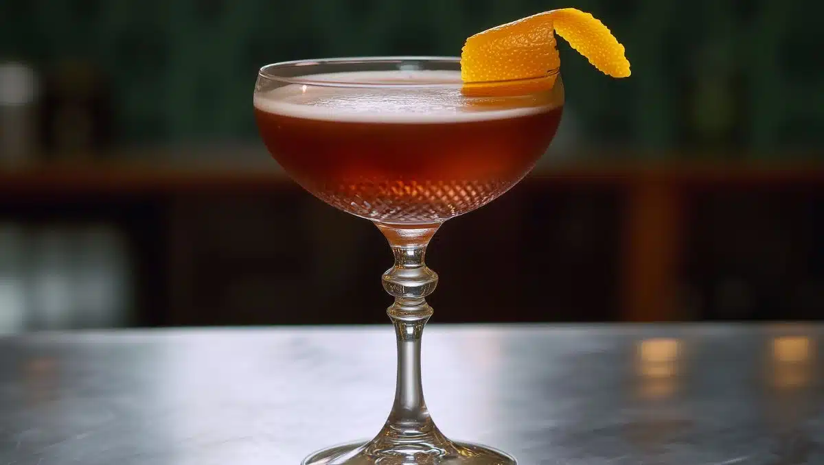 Velasco and Sand cocktail with orange peel garnish on wooden table