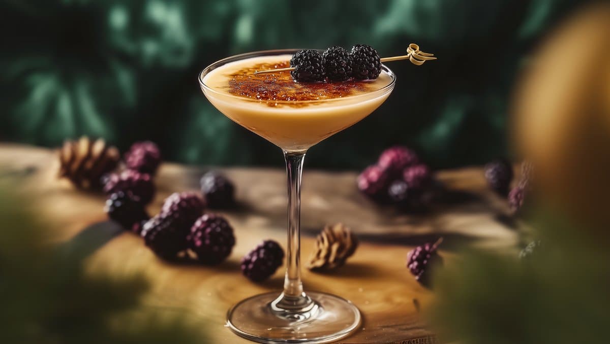 Crème Brûlée Martini in coupe glass with blackberry garnish on cocktail pick