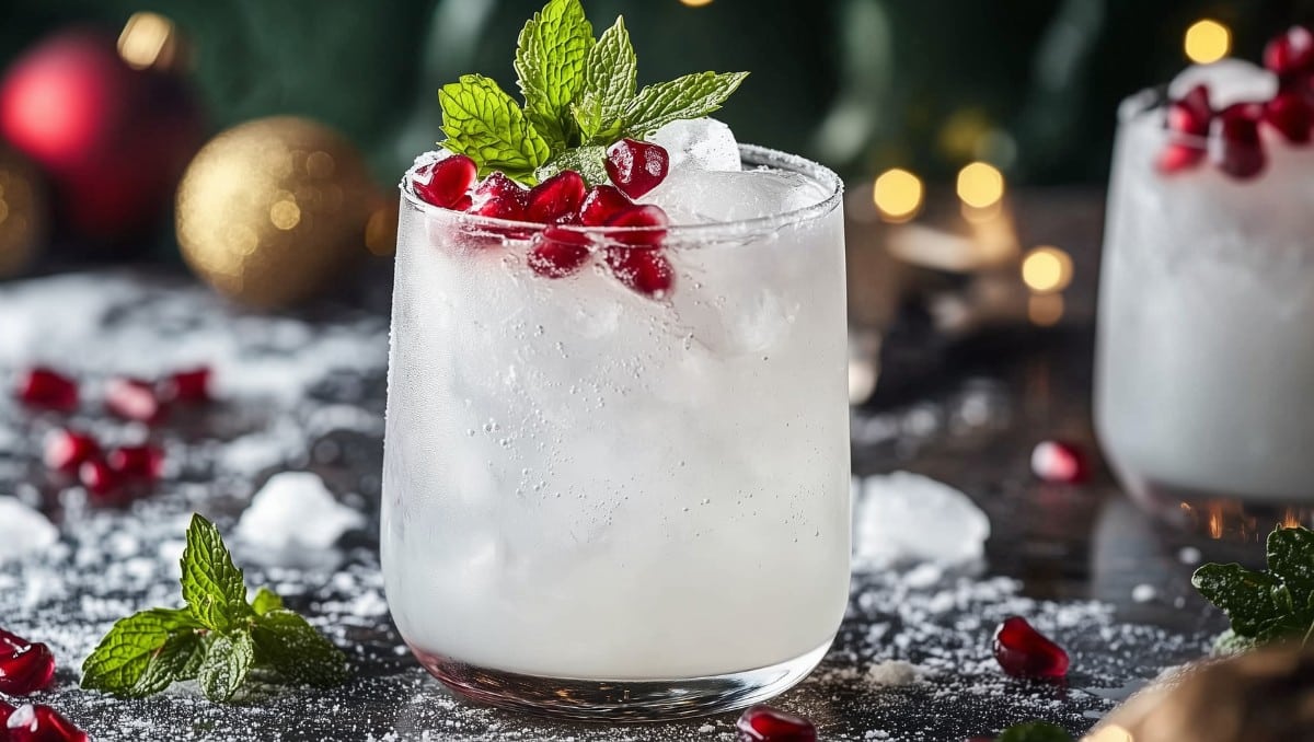White Christmas Mojito cocktail with pomegranate seeds and mint leaves garnish an festive table