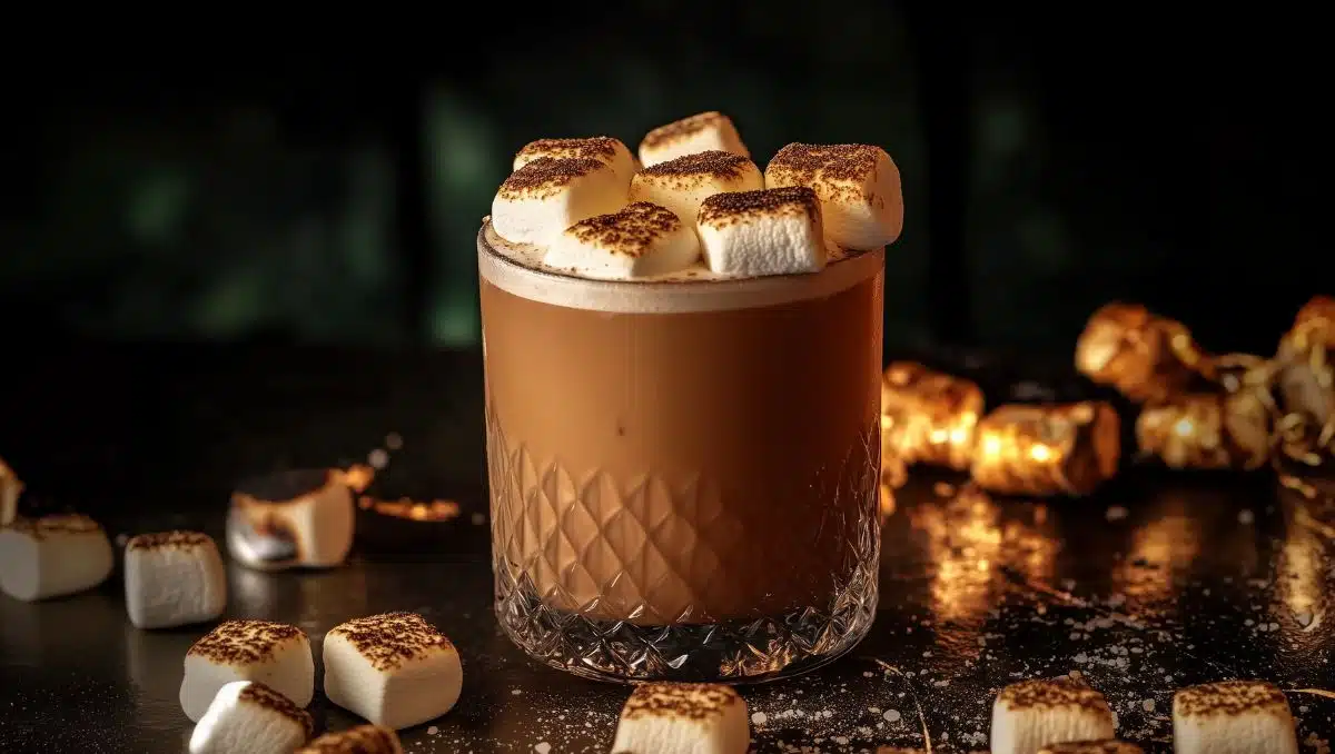 Delight of the Night cocktail garnished with toasted marshmallows and festive decorations in the background