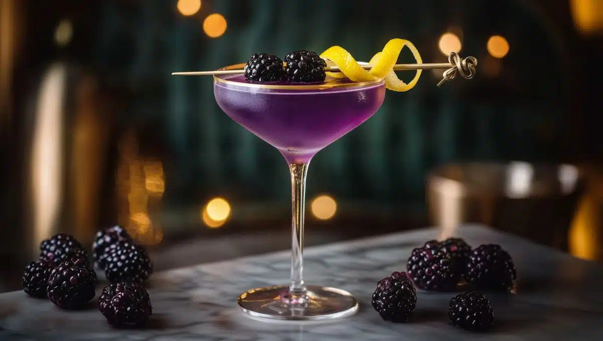 Lunar Eclipse Martini cocktail served in coupe glass garnished with fresh blackberries and lemon peel