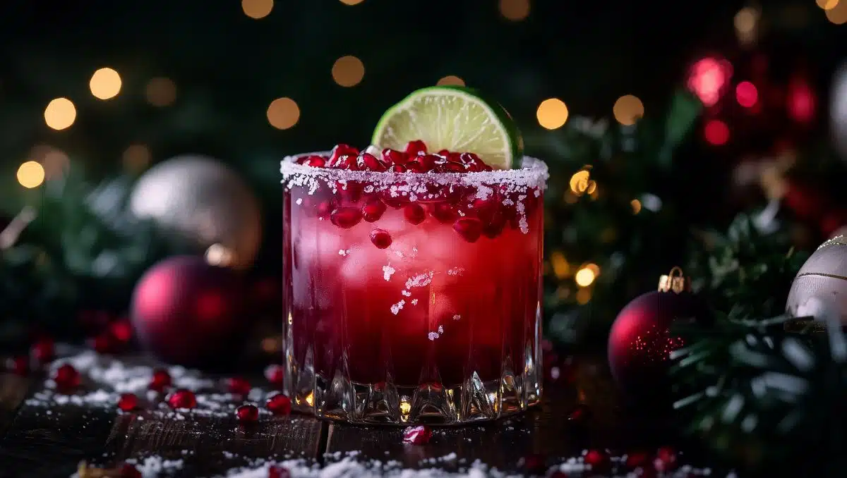 Mistletoe Margarita cocktail garnished with pomegranate seeds, lime wheel, and sugar rim in front of festive background
