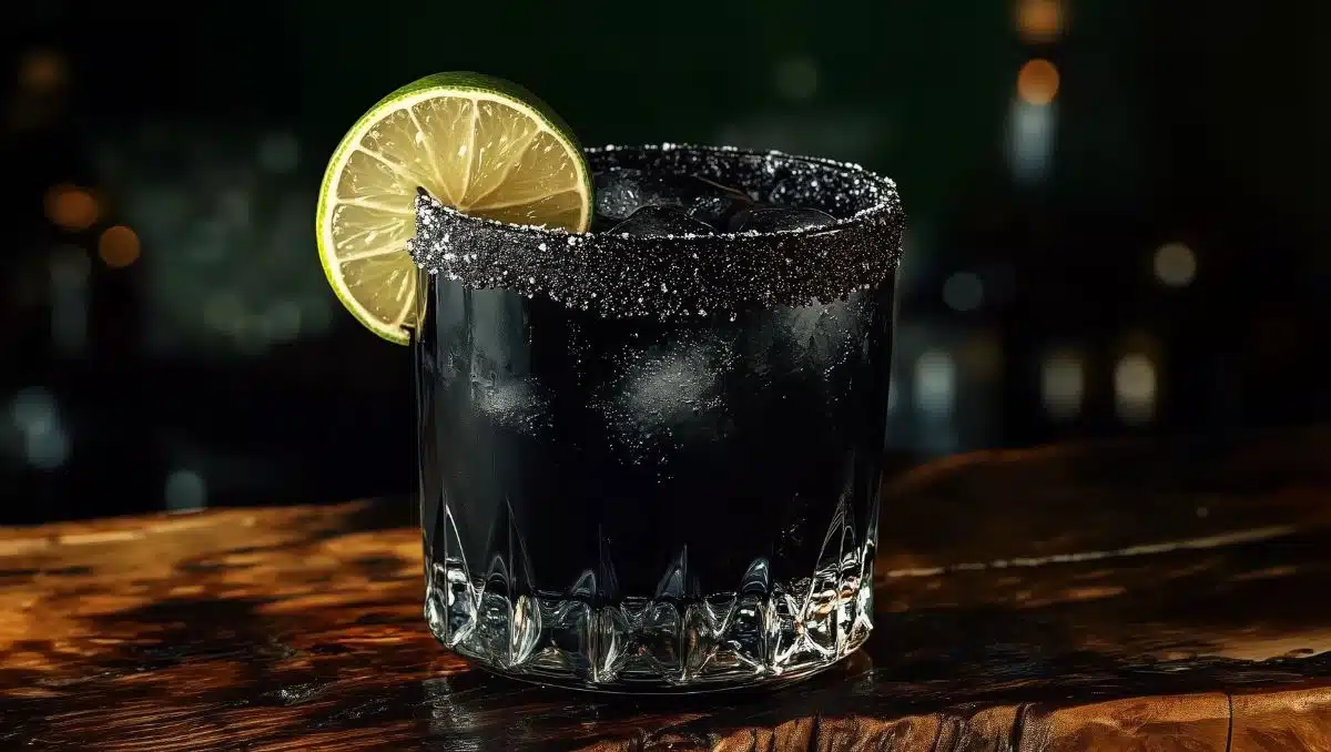 Black Margarita cocktail with black salt rim and lime garnish